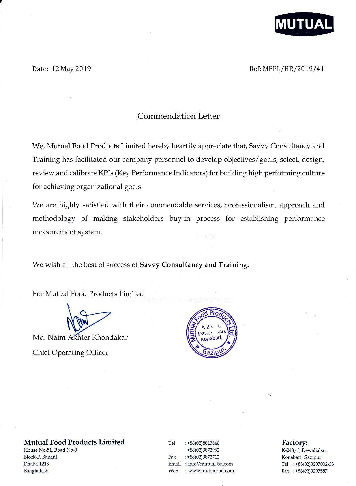 Commendation letter-Mutual Foods